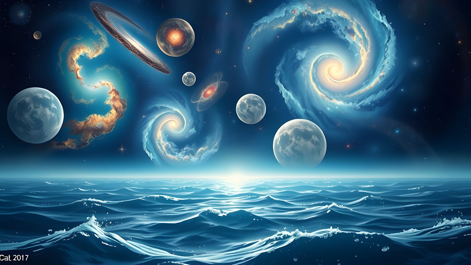 Cosmic Sea Reflects Starry Night in Oil Painting Style