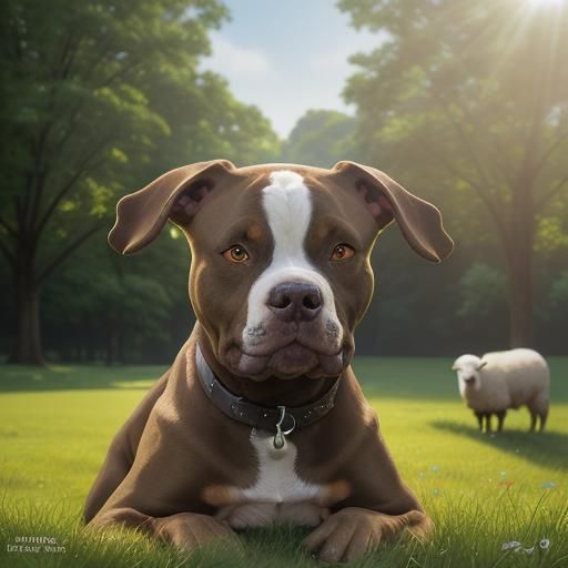 Amstaff Dog Guarding Sheep in Sunny Field
