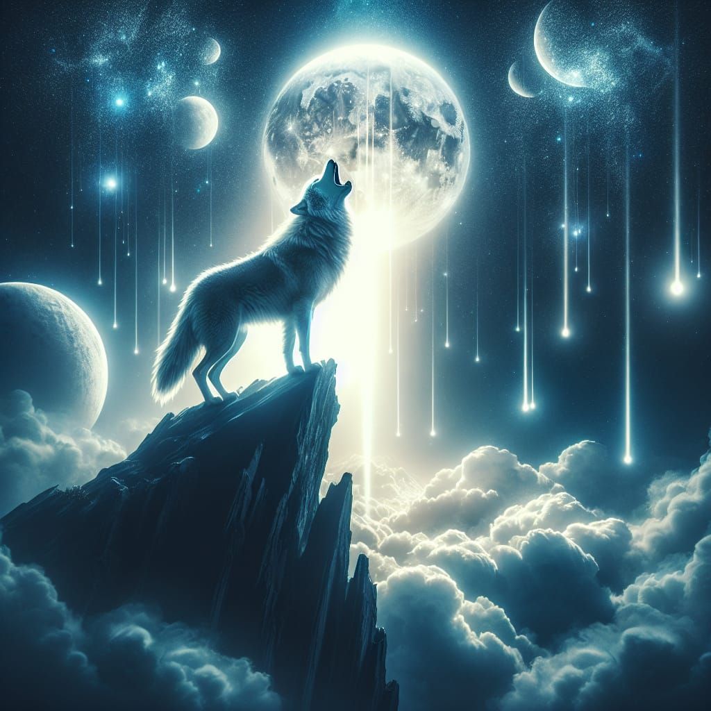Wolf Howling at the Moon in Divine Light