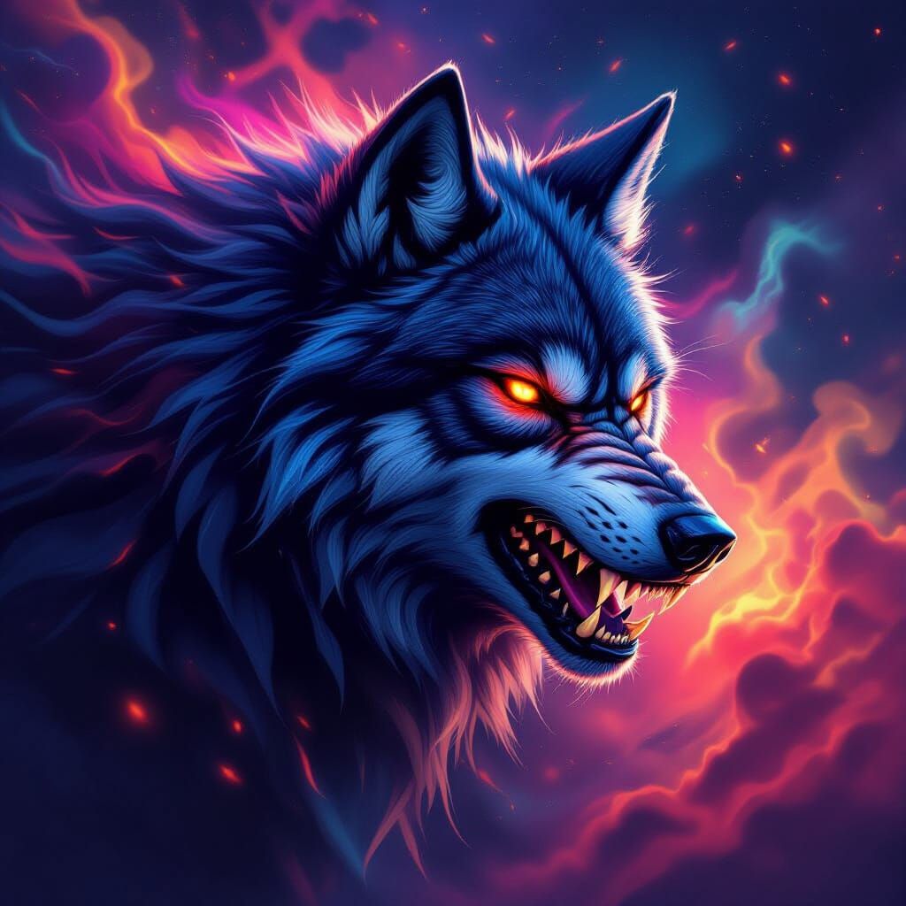 Headless Wolf Rider in Nebula, Hyperrealistic Splash Art