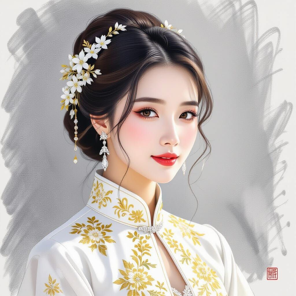 Pencil Sketch Portrait of a Chinese Woman in Gown