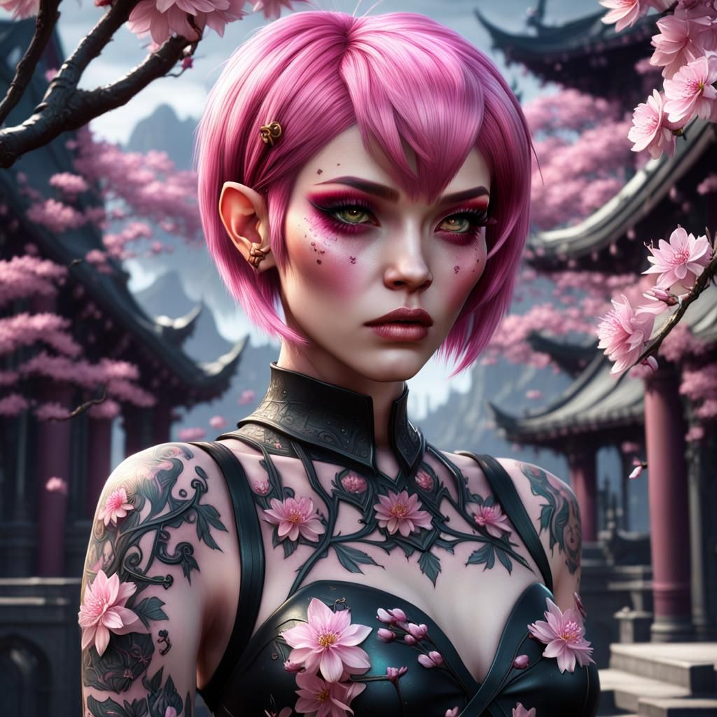 Goth Elf Girl with Cherry Blossom Tattoo