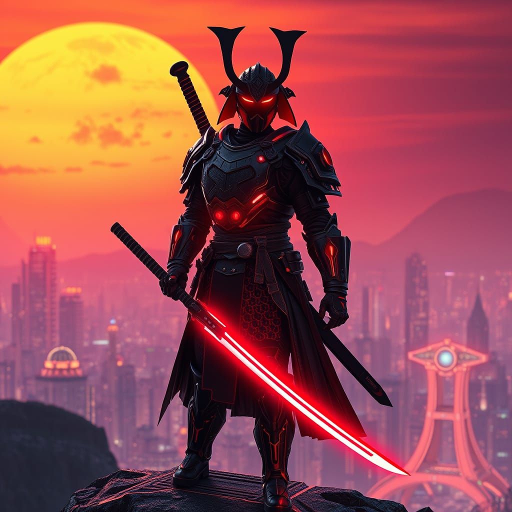 Futuristic Samurai Overlooking Neon City at Sunset
