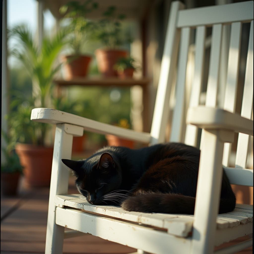 Lazy Cat Napping on Porch in Cinematic Sunlight