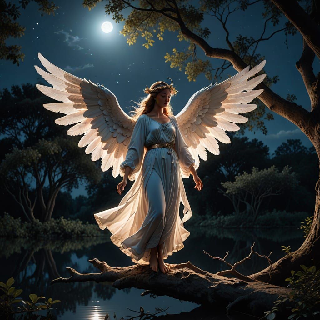 Realistic Angel with Wings in Moonlight