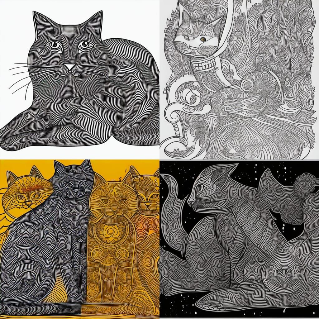Simple Cat Outlines for Coloring, Black Line Art