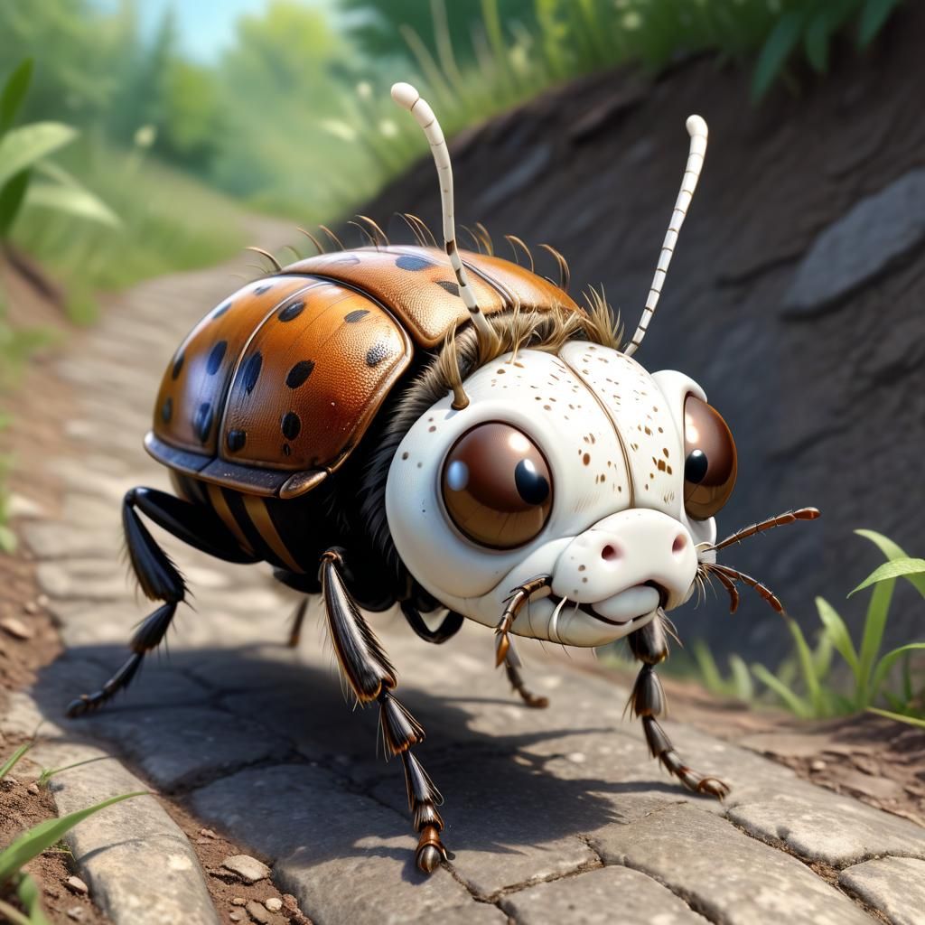 Detailed Airbrush Art of Smiling Bug on Hill