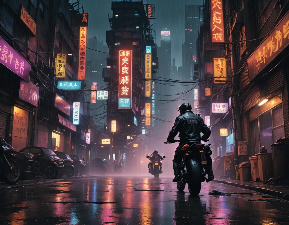 Cyberpunk Biker in Rainy Neon Alley