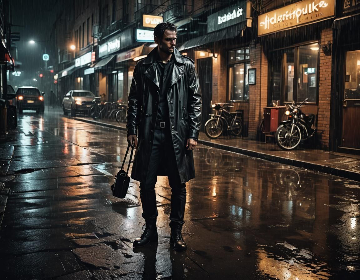 Cyberpunk Biker in Rain-Soaked Alley at Night