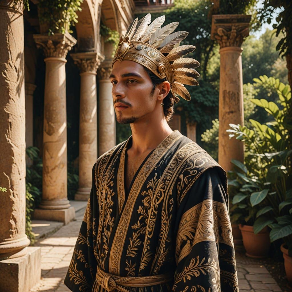 Elegant Aztec Pharaoh Strolls through Ancient Egyptian Garde...