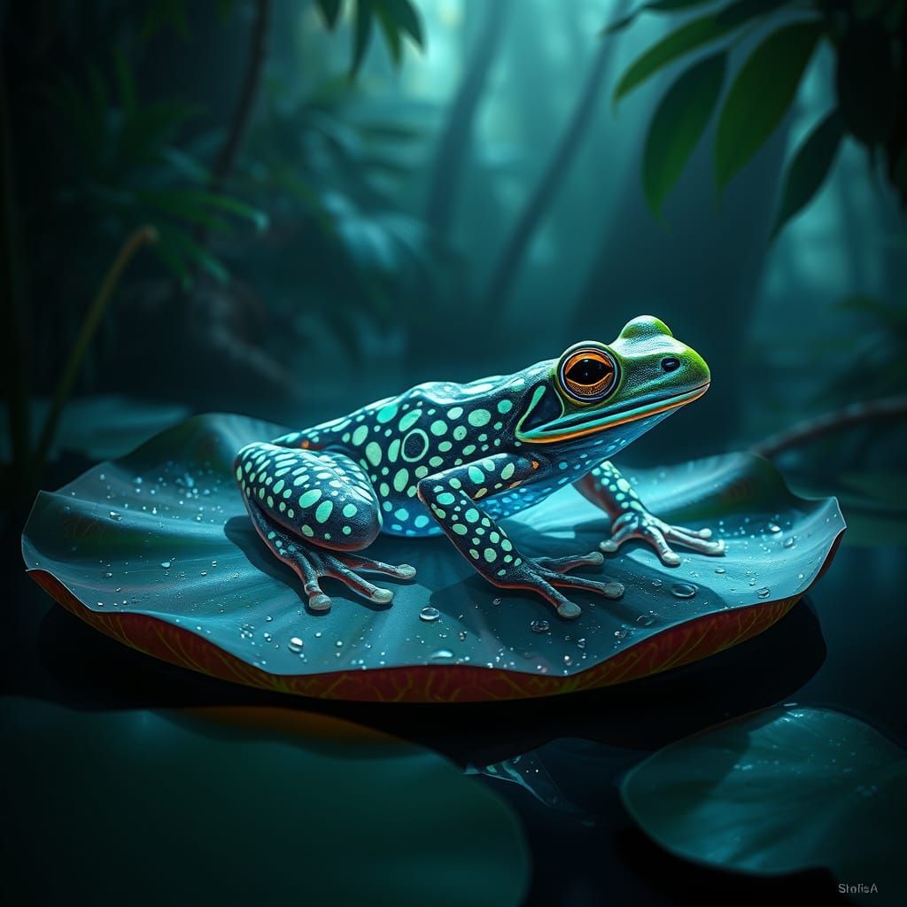 Bioluminescent Frog in Jungle Grotto, Digital Art