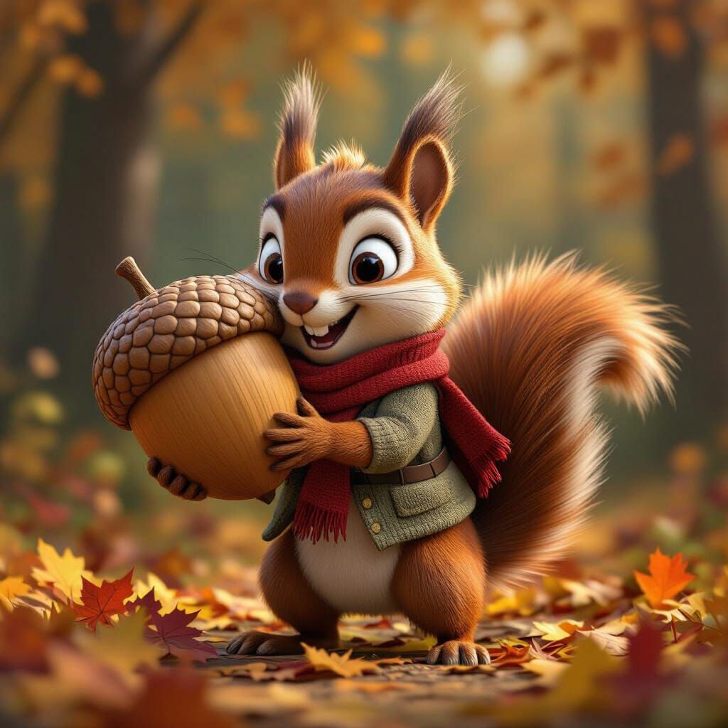 Cute Squirrel With Giant Acorn in Autumn Forest