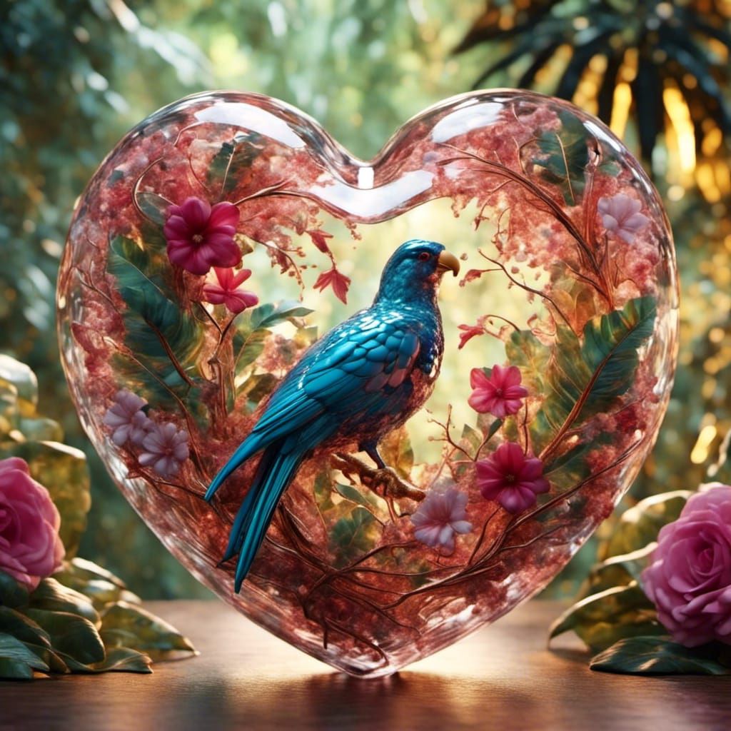 Exotic Birds in Crystal Heart: 3D Render