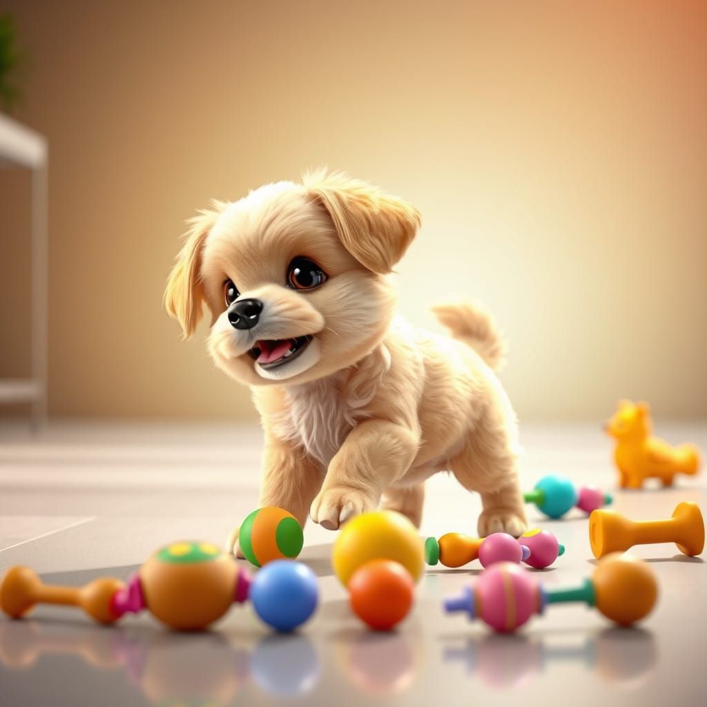 Cute Digital Dog Playing with Toys in Vibrant Pixar-Inspired...