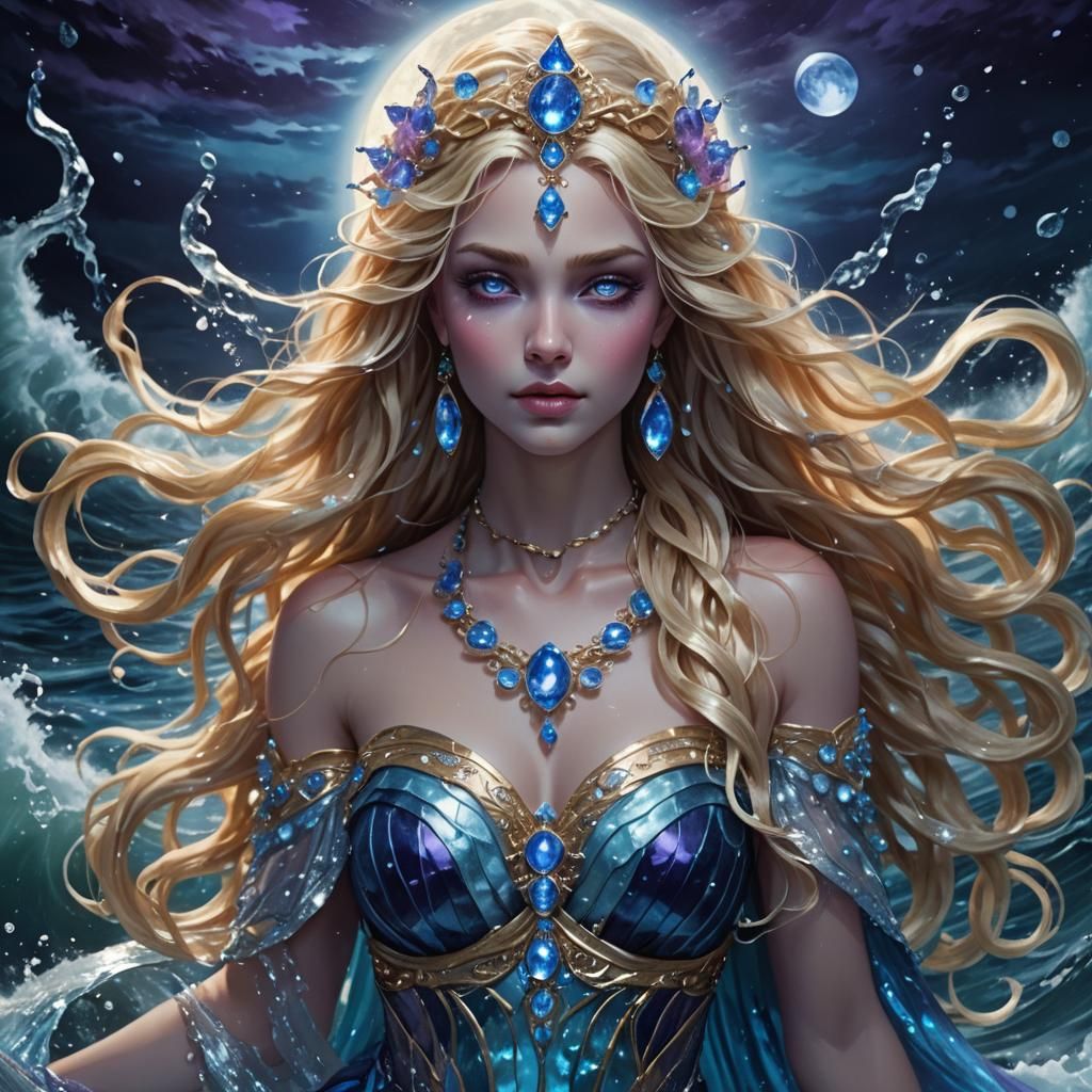 Fantasy Goddess with Moonlit Waves, in Matte Painting Style