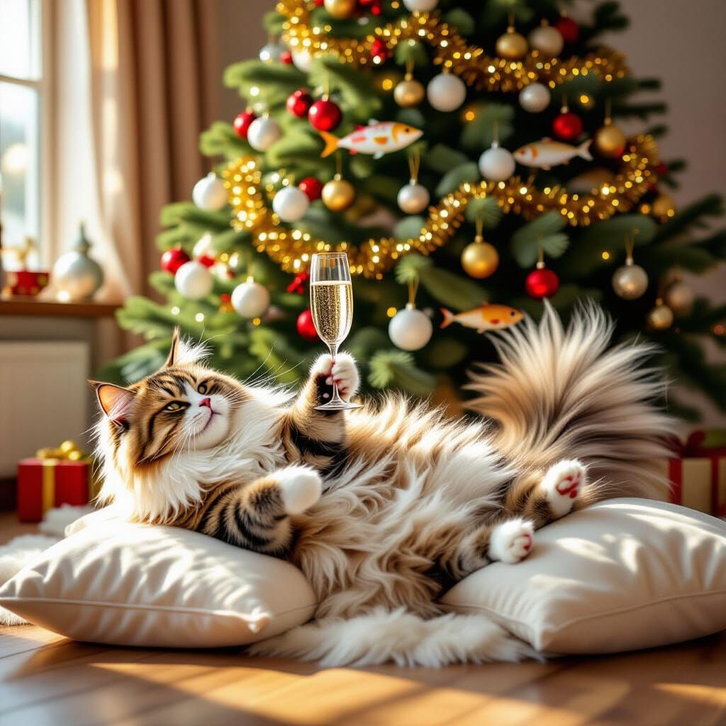 Fluffy Cat Celebrates Christmas with Fish Tree and Champagne