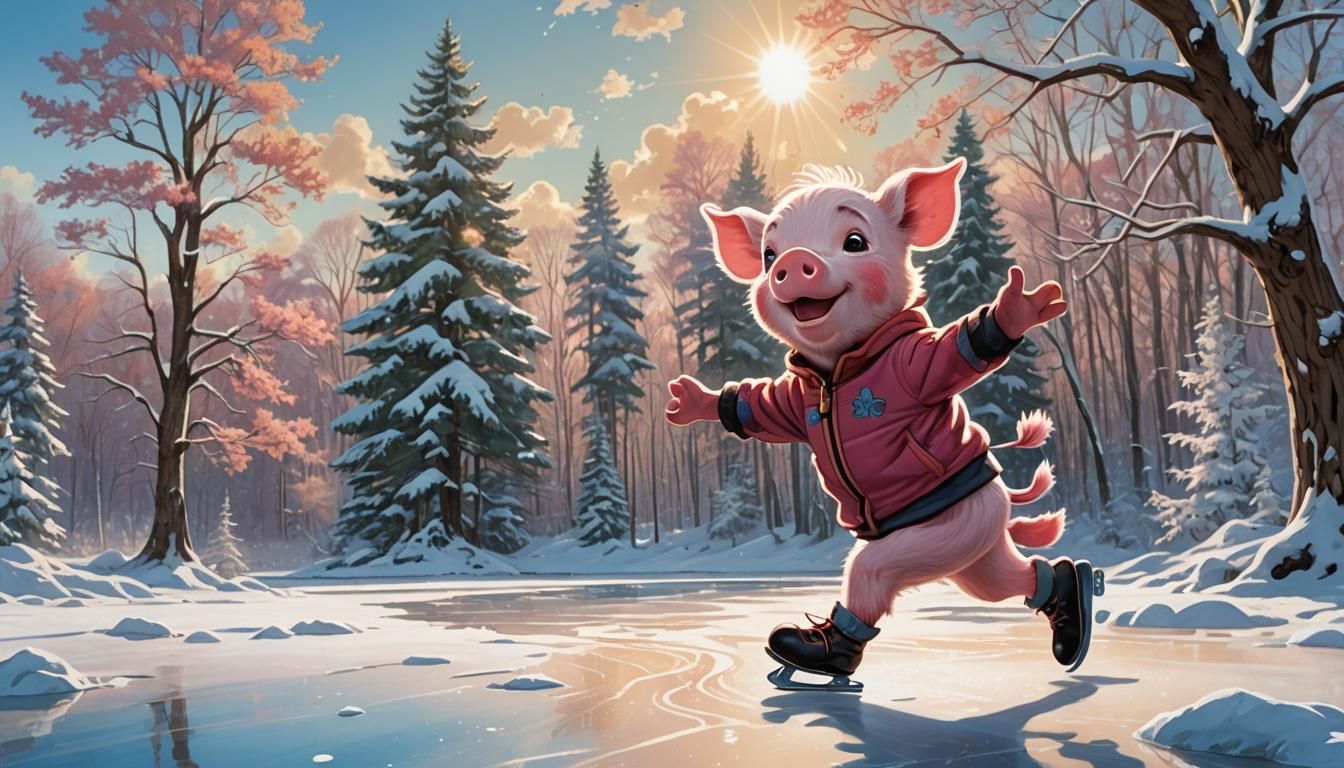 Piglet Ice-Skating in Winter, Comic Book Art