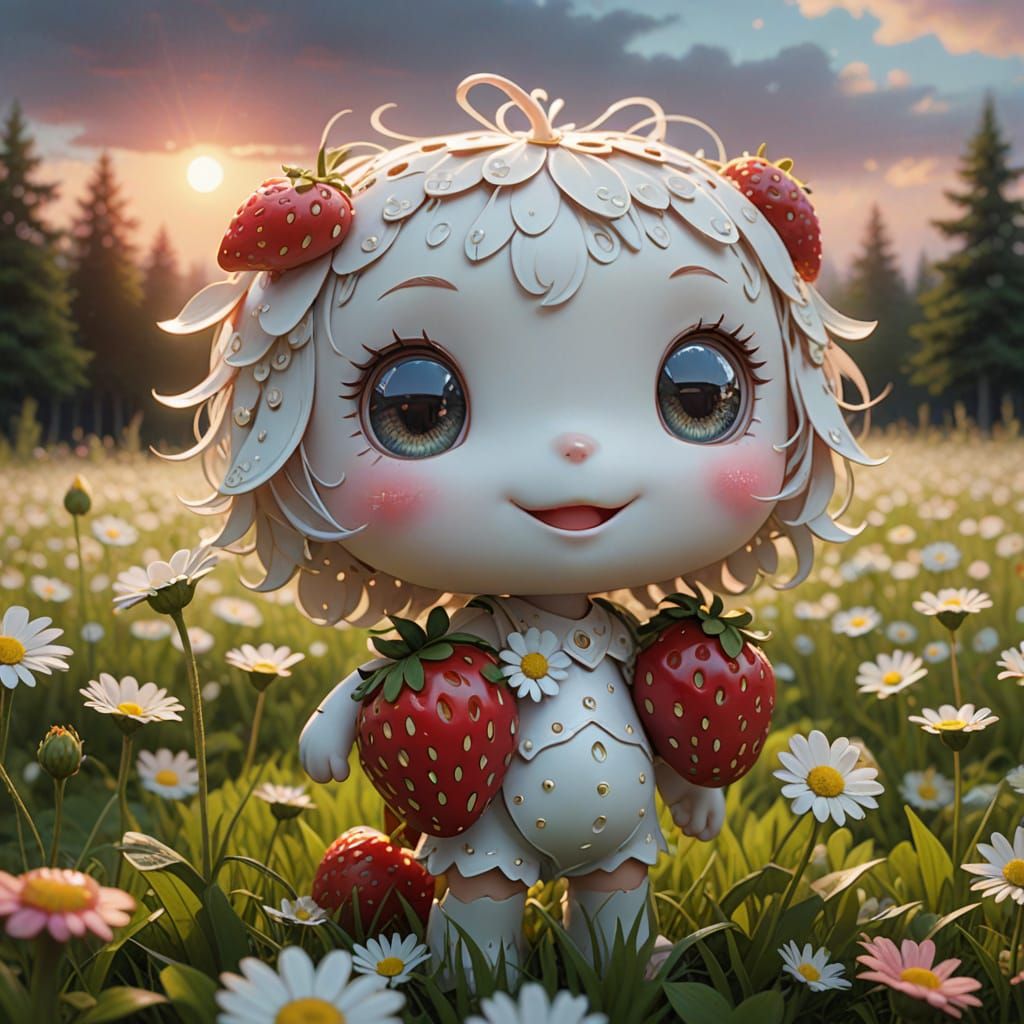 Kawaii Strawberry Character Skipping Through Daisies