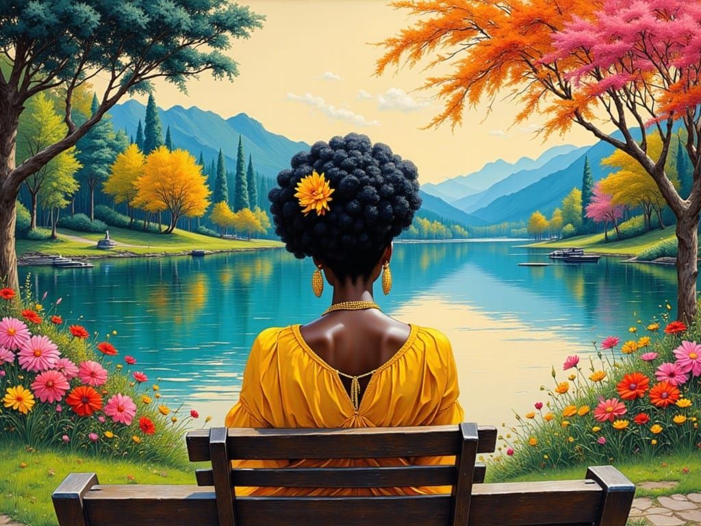 Wistful Older Black Woman on Park Bench, Hyperrealistic Surr...