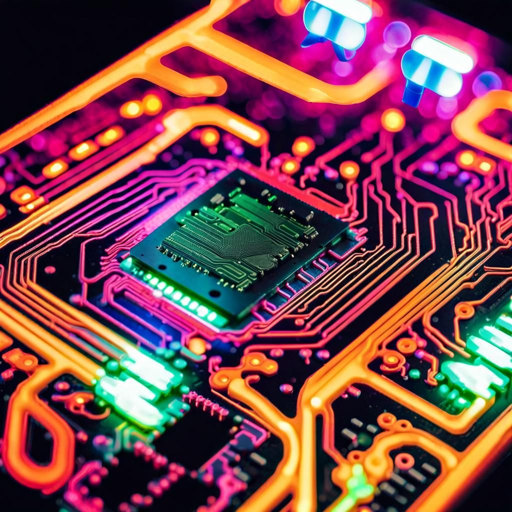 Circuit Board with Neon Lights in Cyberpunk Style