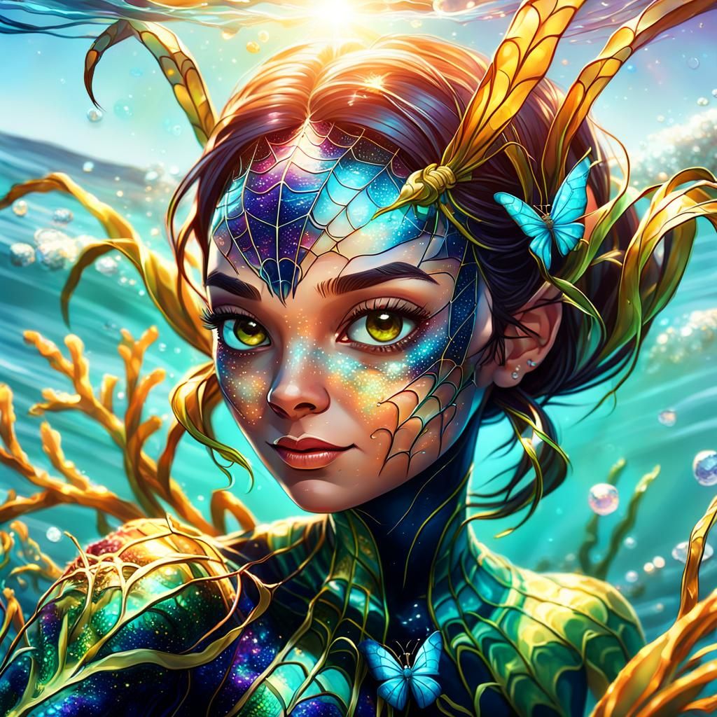 Spider Girl Playing in the Ocean: Cute Manga-Inspired Art