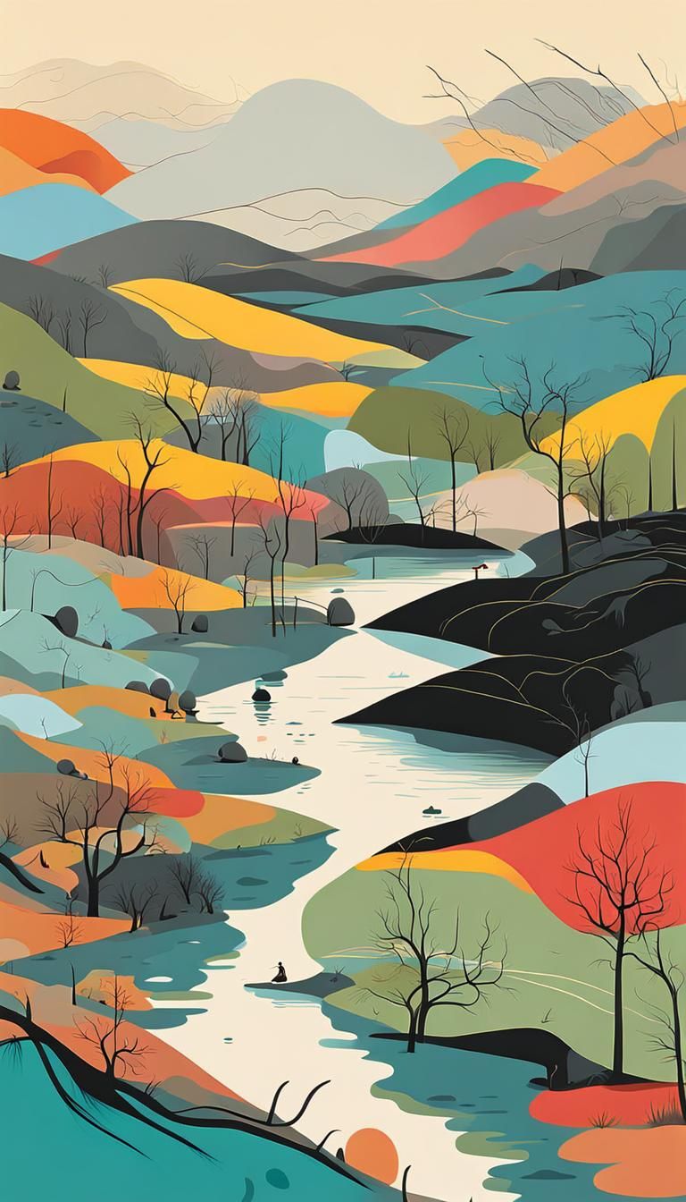 Abstract Riverscapes: Colorful Vector Art in Surreal Style