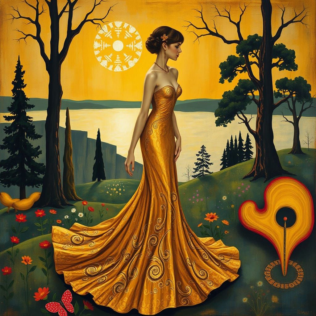 Luxurious Dream Goddess in Art Nouveau Landscape