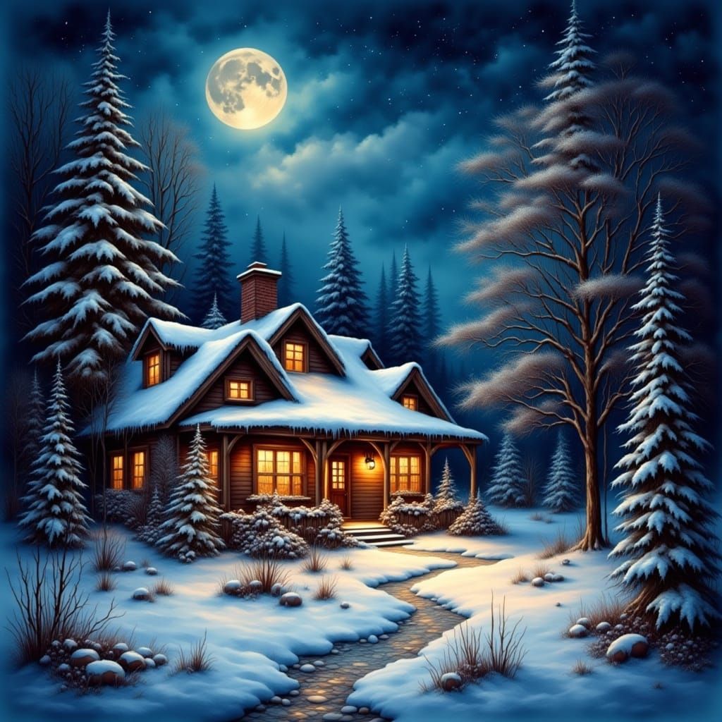 Cozy Winter Cottage Under Starry Skies