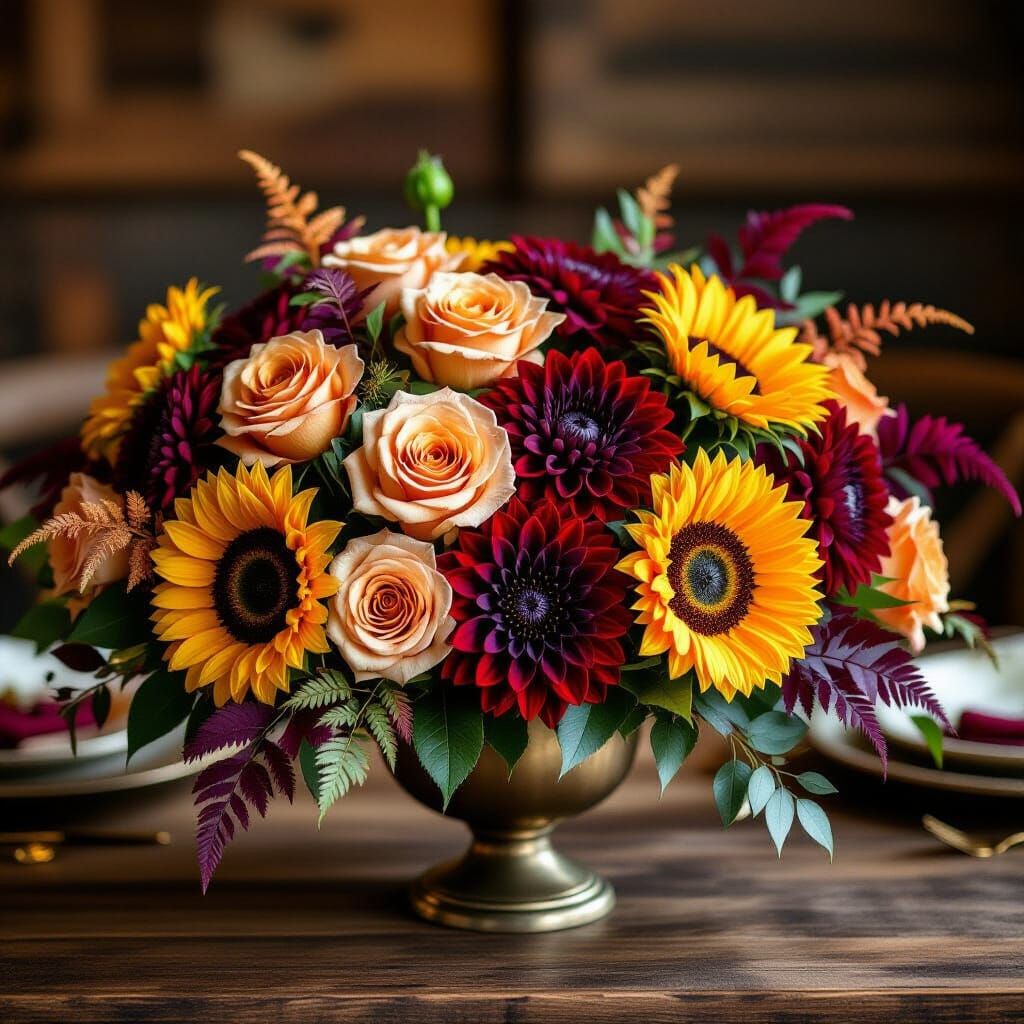 Lush Fall Flower Arrangement in Golden Hour Light