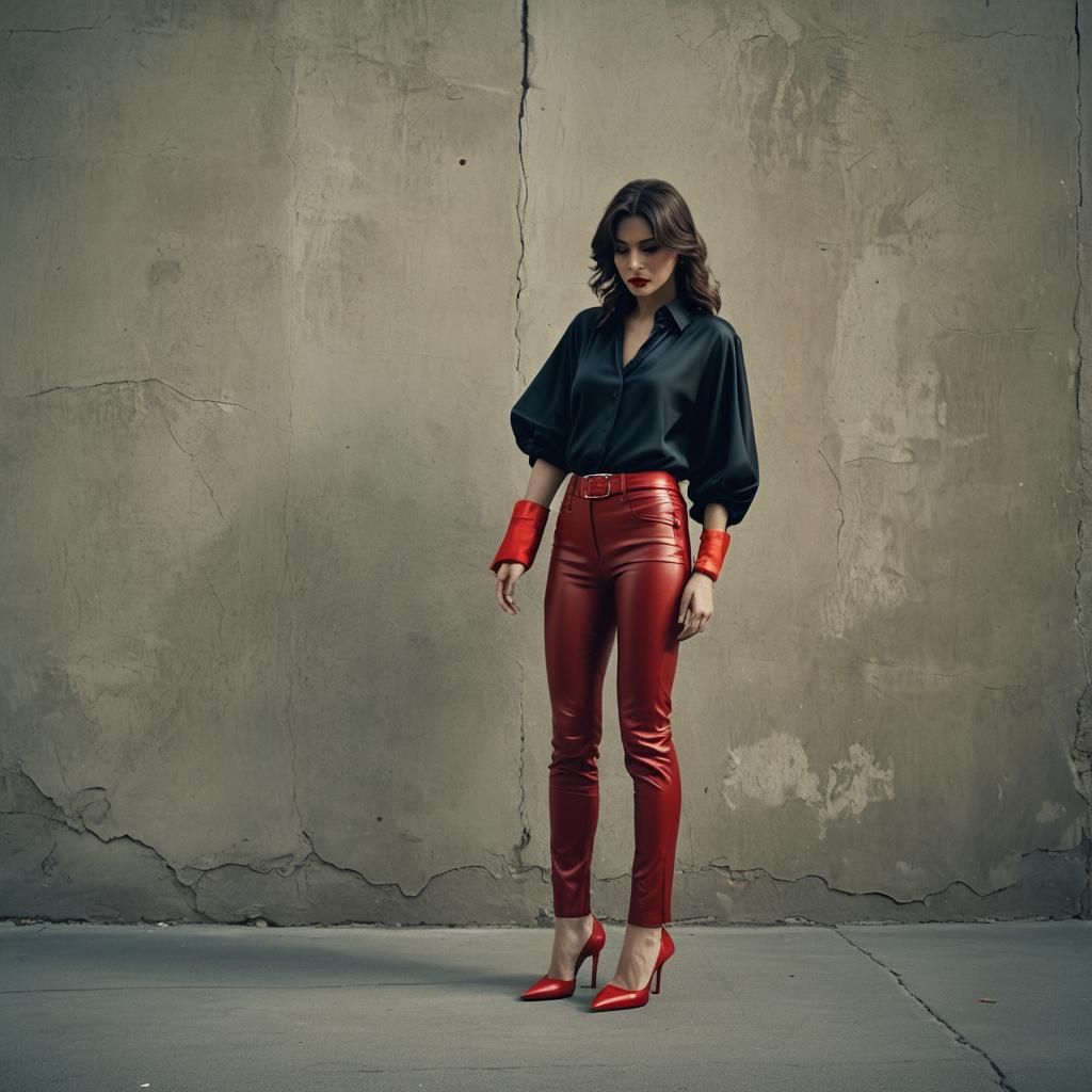 Brunette Woman in Red Leather: Cinematic Film Still