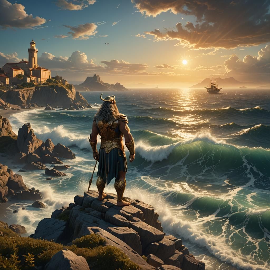 Poseidon Overlooks Harbor in Fantasy Landscape