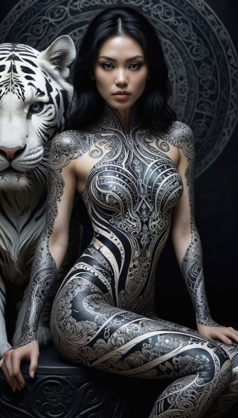 Woman with Tattoo Art in Alphonse Mucha Style