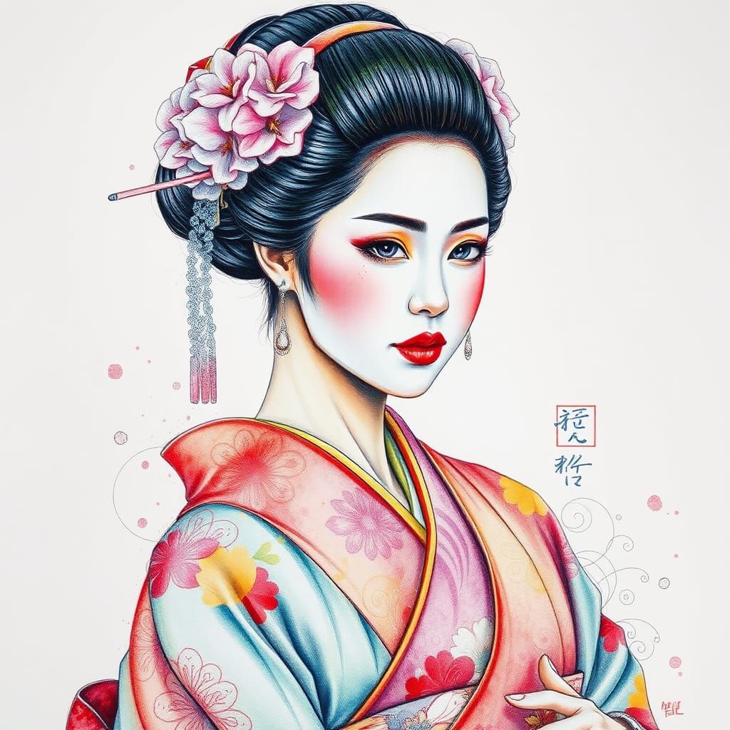 Geisha in Kimono: Hyper-Realistic Color Pencil Sketch