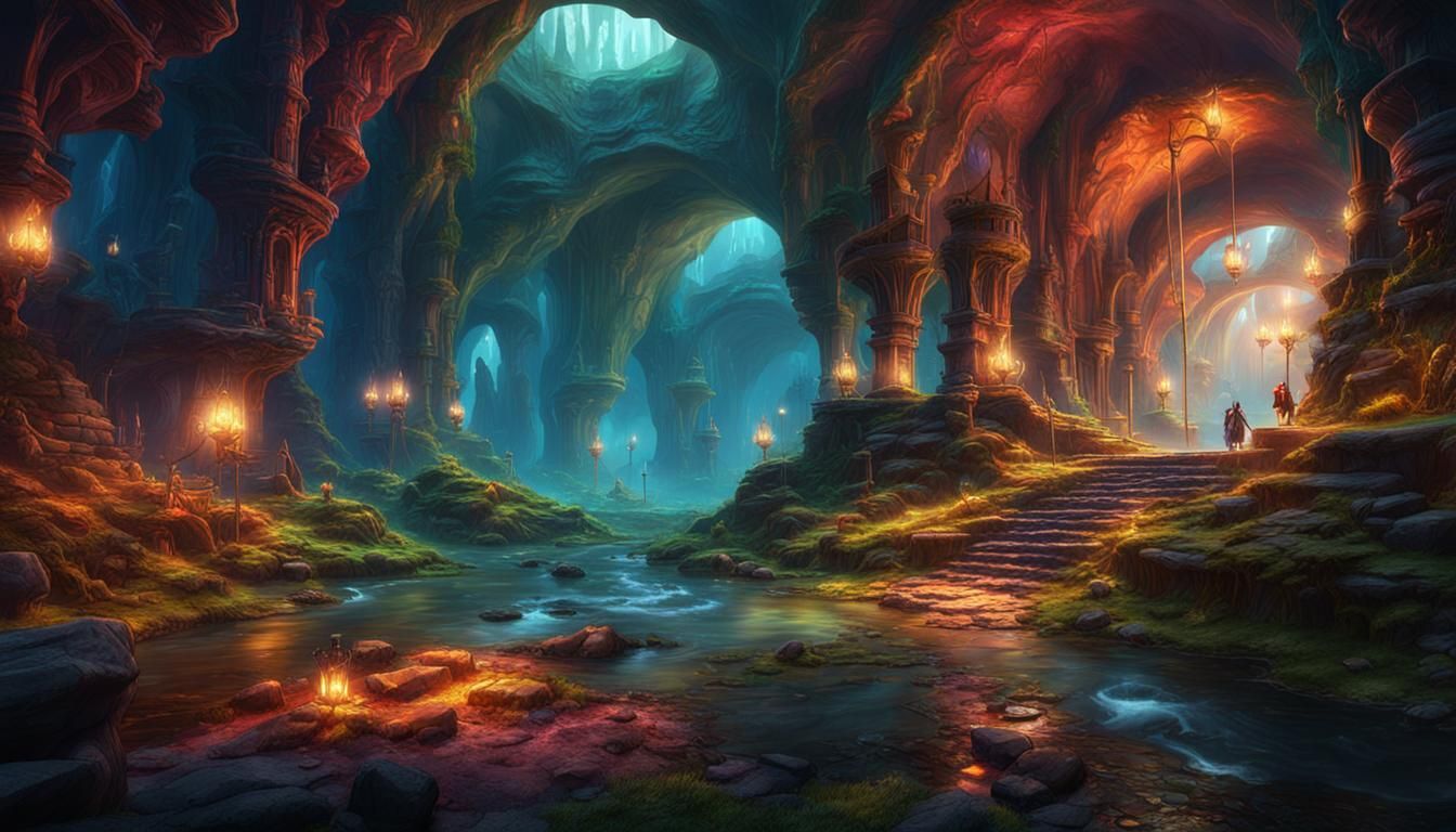 Colorful Underground Elf Kingdom: Fantasy Art