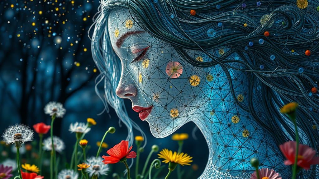 Ethereal String Woman Kissing Blooming Garden