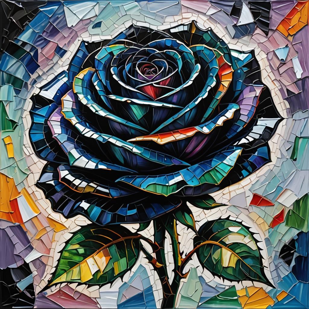 Shattered Glass Black Rose in Expressionist Style