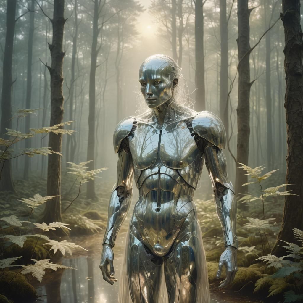 Shimmering Mirror Entity in Dreamlike Forest