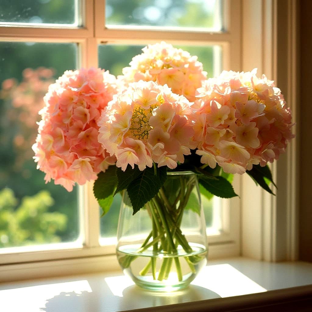 Hydrangeas in Watercolor on Sunny Windowsill