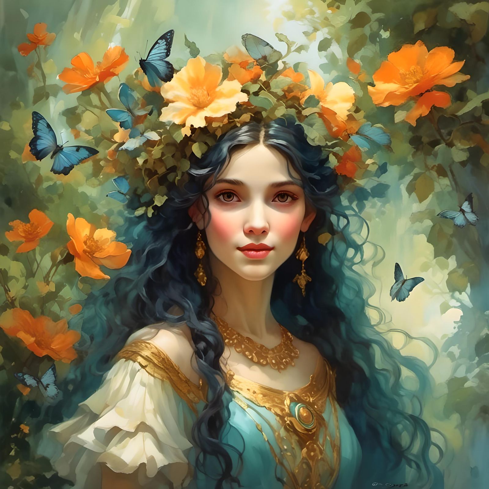 Forest Nymph in Romantic Watercolor Style