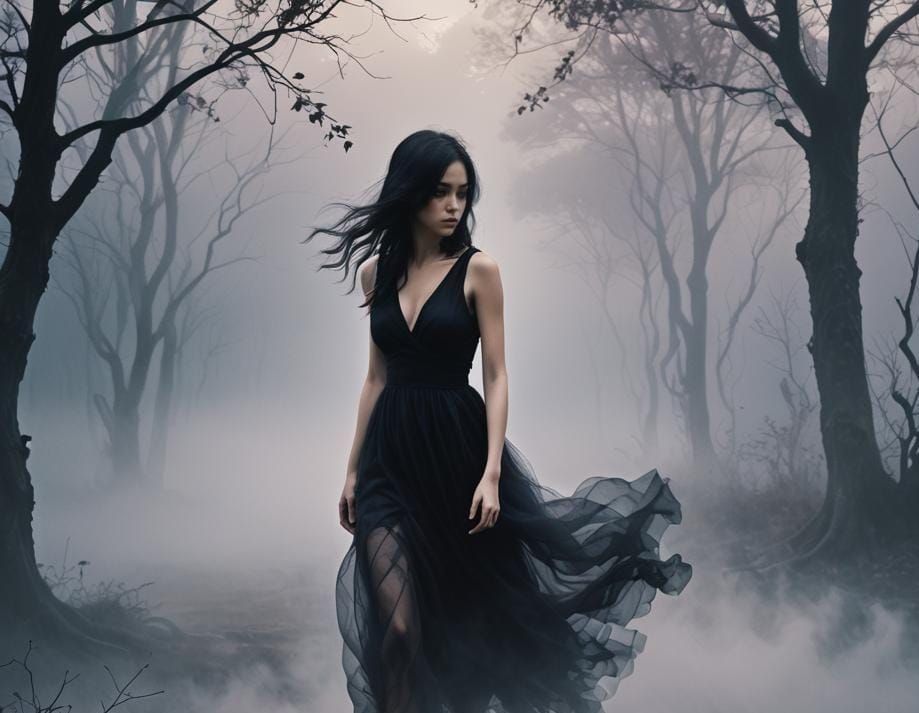 Eerie Girl in Fog, Detailed Matte Painting