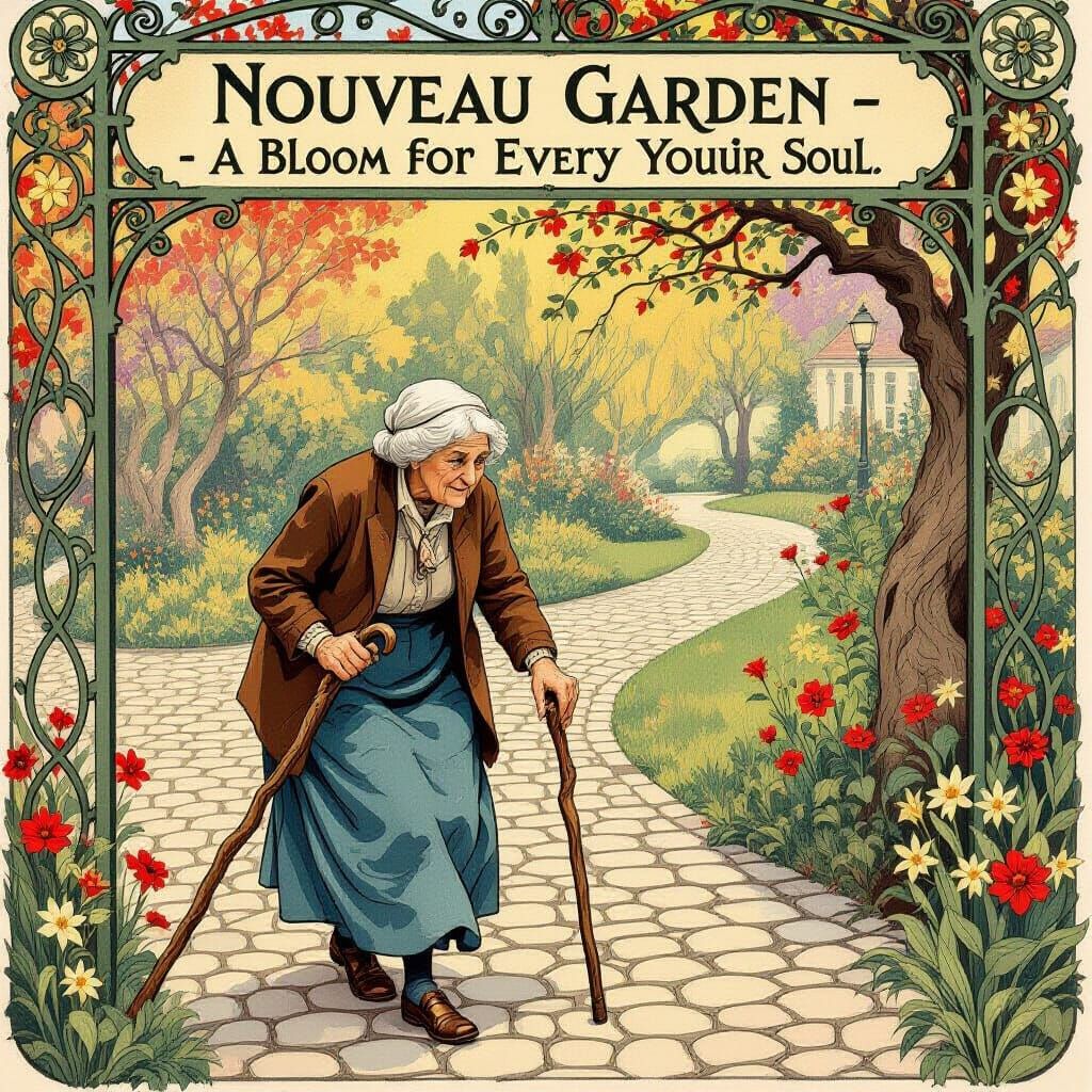 Art Nouveau Old Woman on Cobblestone Path