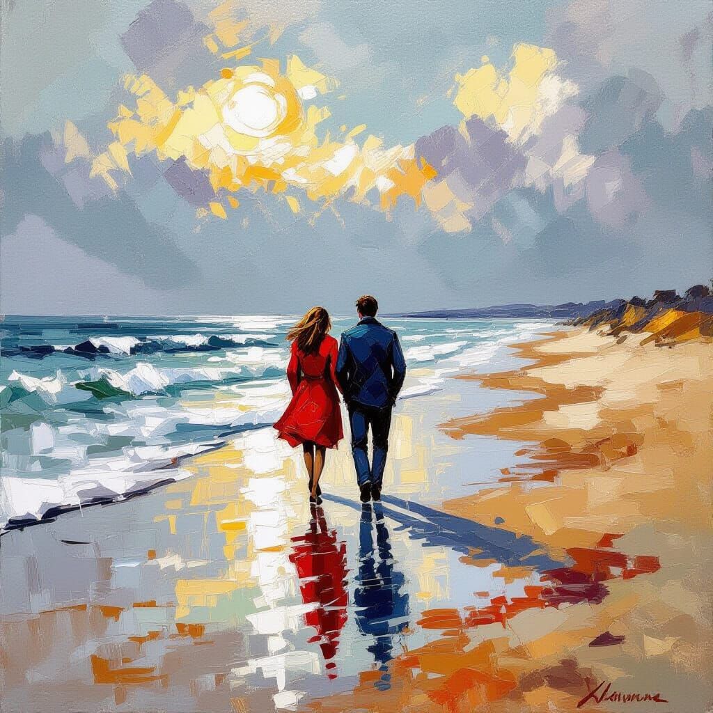 Couple Walks on Stormy Beach in Expressive Painting Style