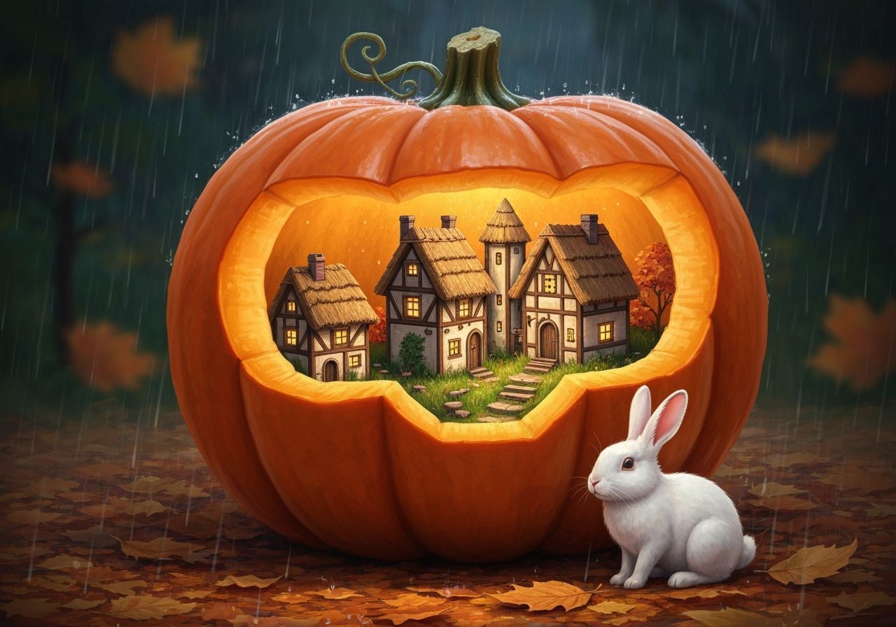 Cozy Village Inside Halloween Pumpkin with Autumn Rain