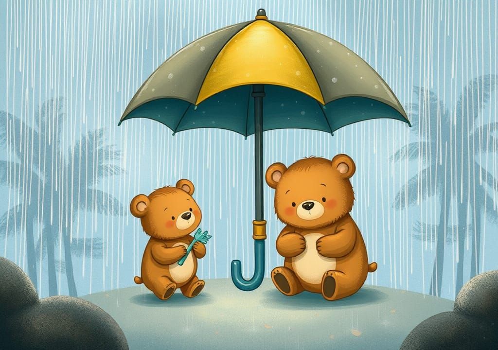 Whimsical Bear Family in Rainy Storybook Illustration