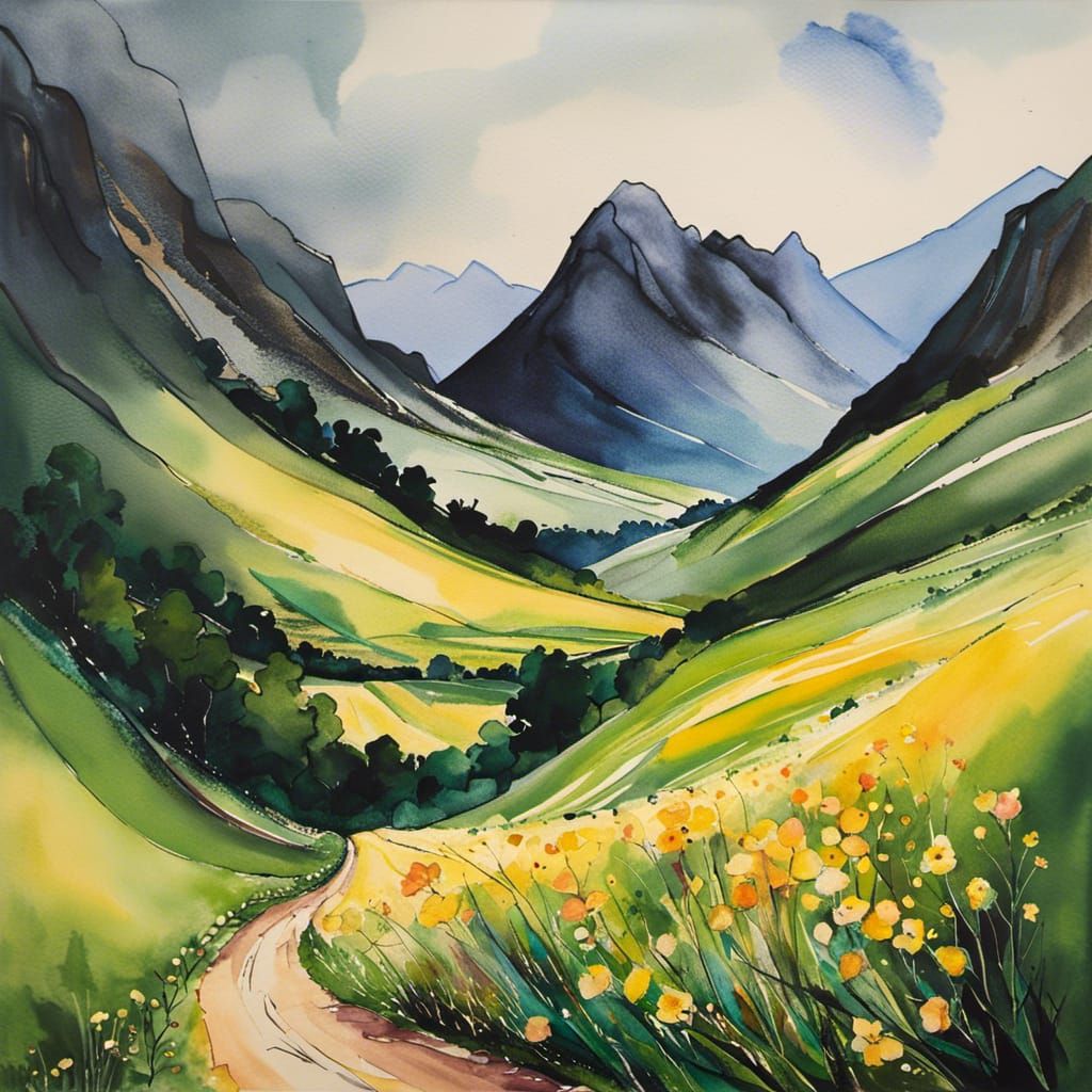 Summer Vale Between Hills in Alcohol Ink Style
