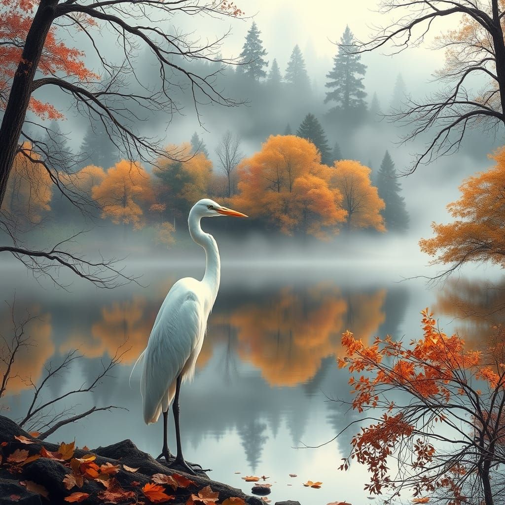 Dreamlike Heron in Autumnal Landscape, Impressionistic Style