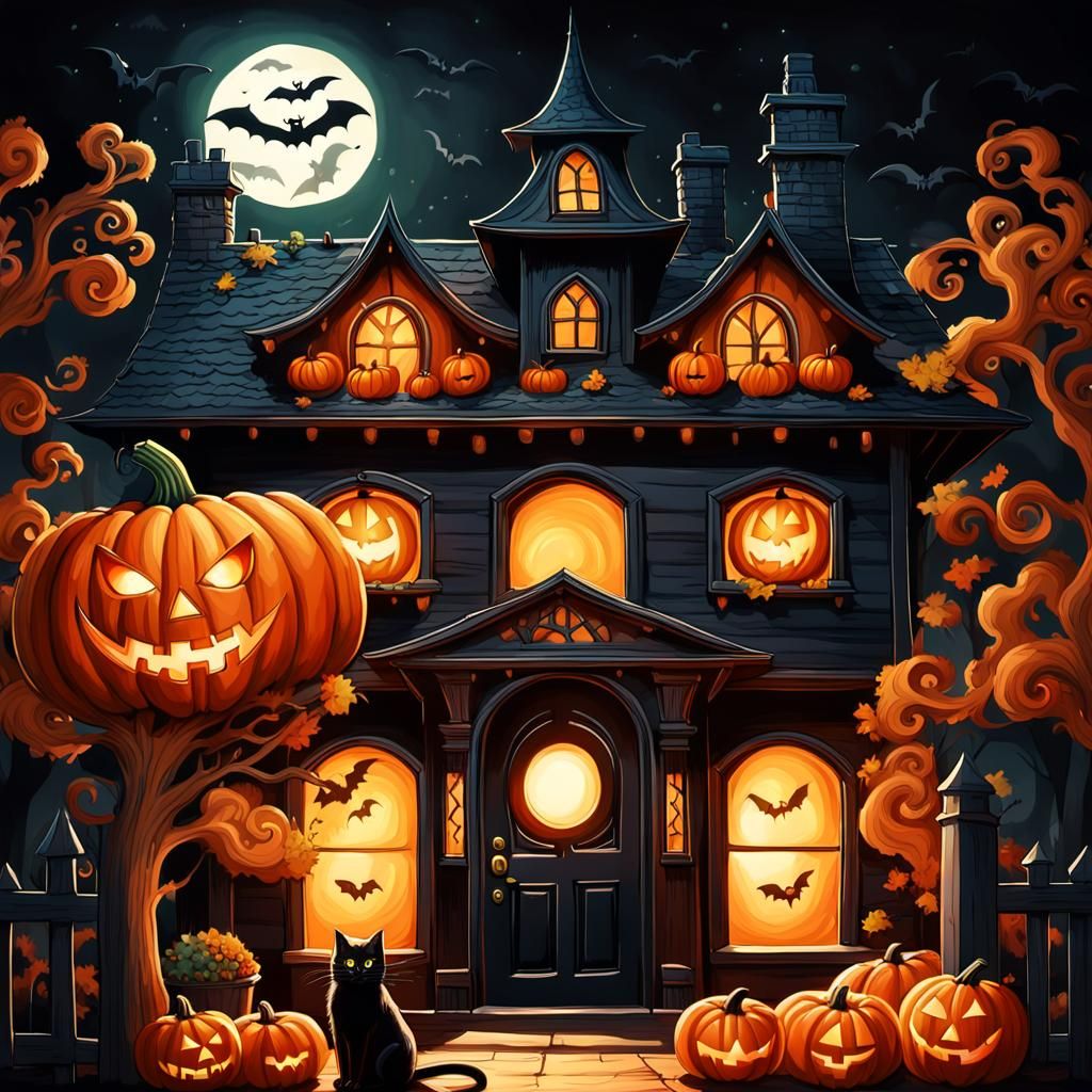 Halloween Pumpkin House in Whimsical Illustration Style