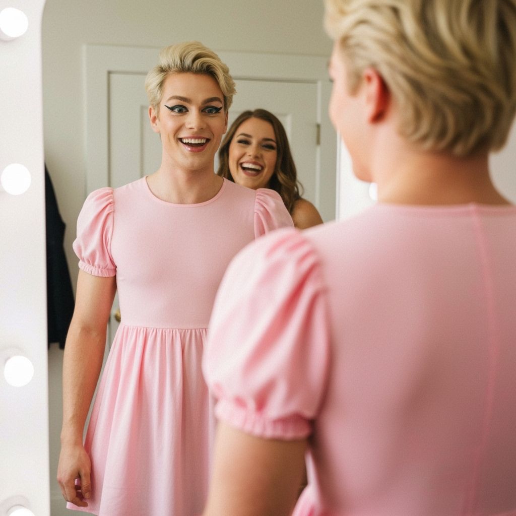 Young Man in Pastel Minidress Gazes in Mirror
