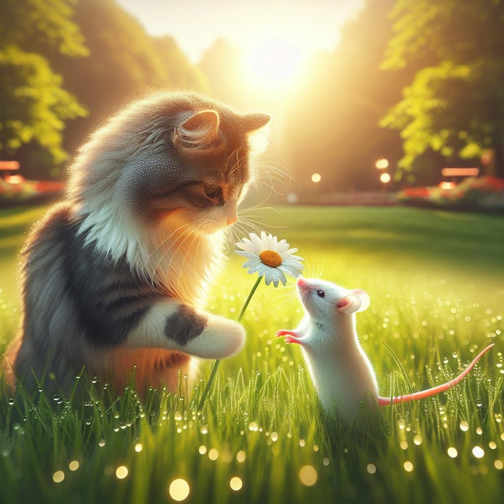 A super cute cat was given a daisy by a white mouse on the grass, dew drops on the grass, sun light, on the park, best q...