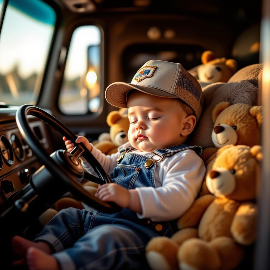 Photorealistic Baby Asleep in Vintage Truck Driver Seat